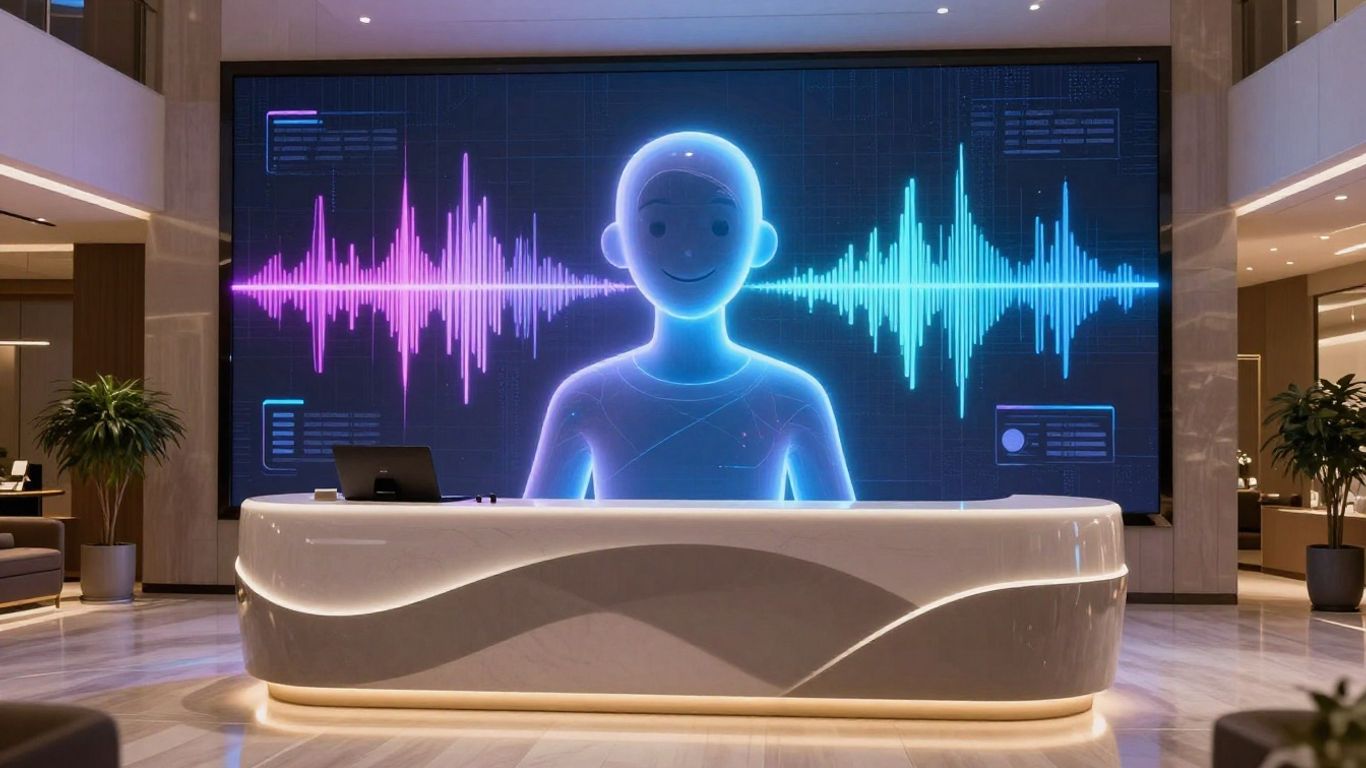 AI voice agent interface in a hotel lobby.
