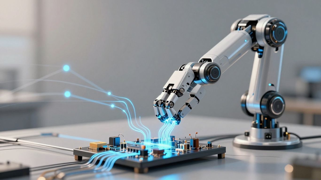 AI robot arm connecting digital circuits with glowing blue energy.