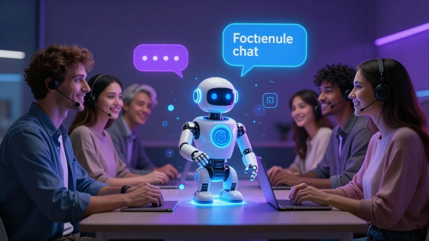 AI chatbot assisting happy customers with futuristic interface.