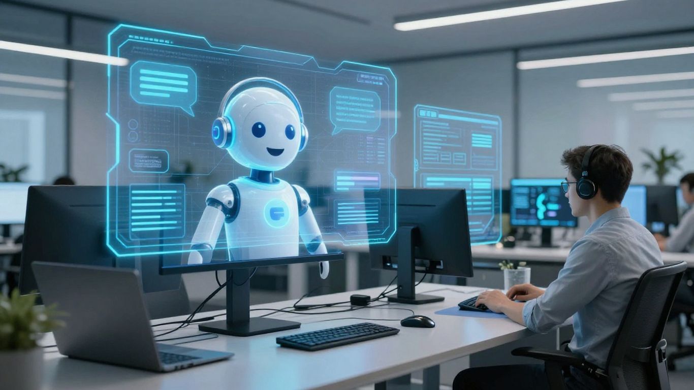 AI chatbot interacting with connected devices in an office.