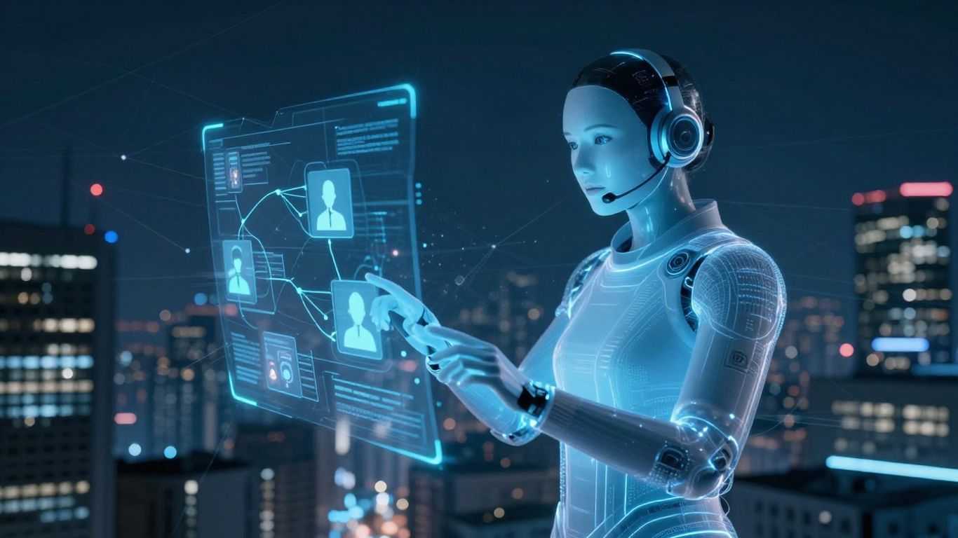 Futuristic AI customer service with glowing data connections.