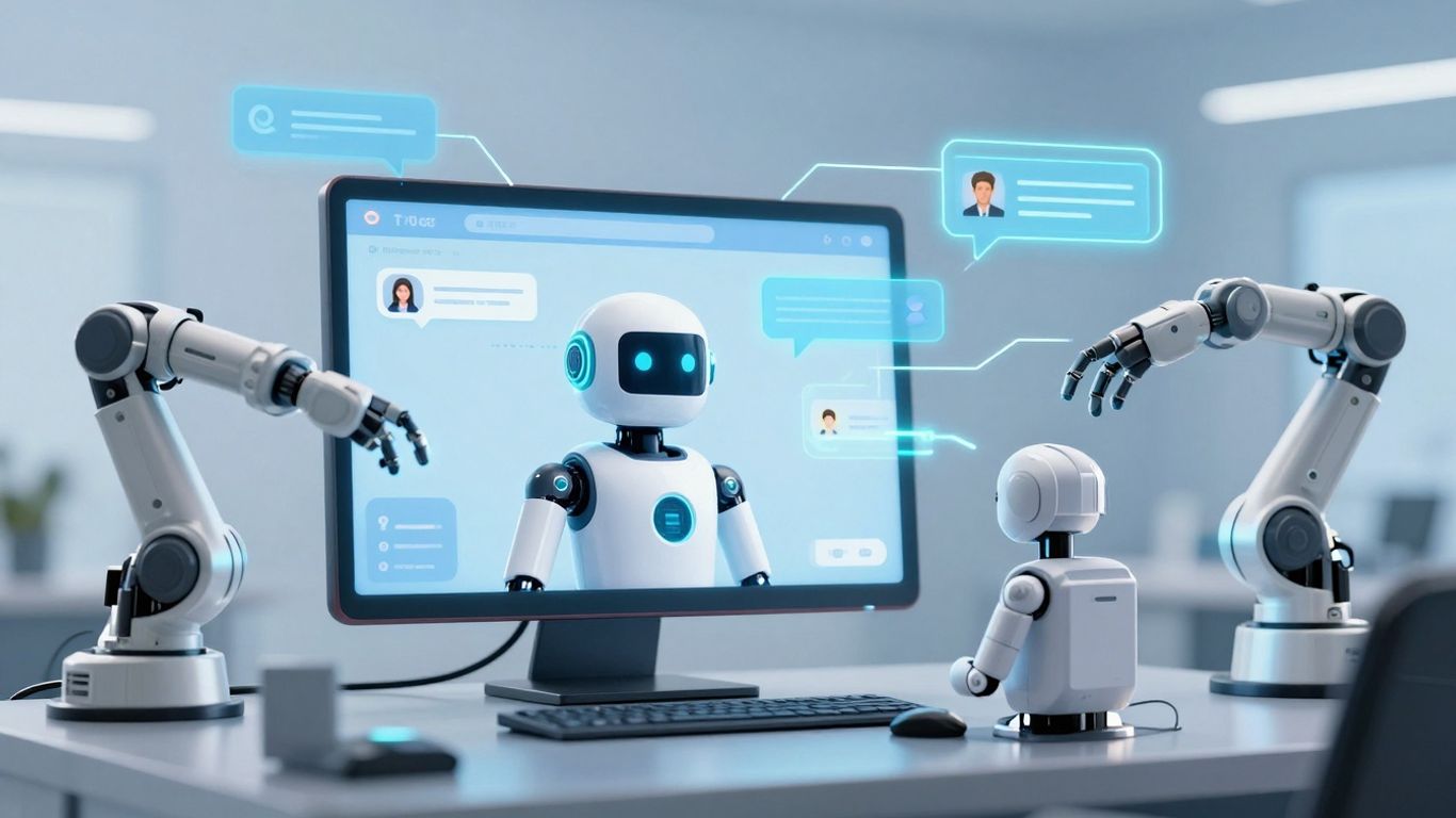Zendesk AI software automating customer support with chatbots and robotic assistance.