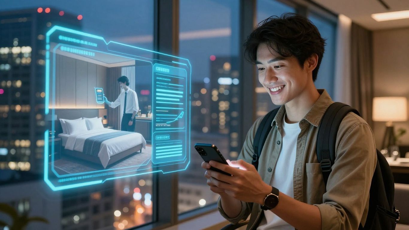 Traveler with AI hologram booking a hotel room