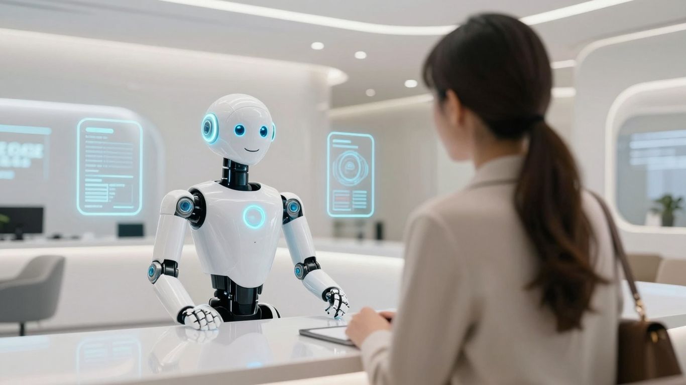 Robot bank assistant helping a customer with digital interface.