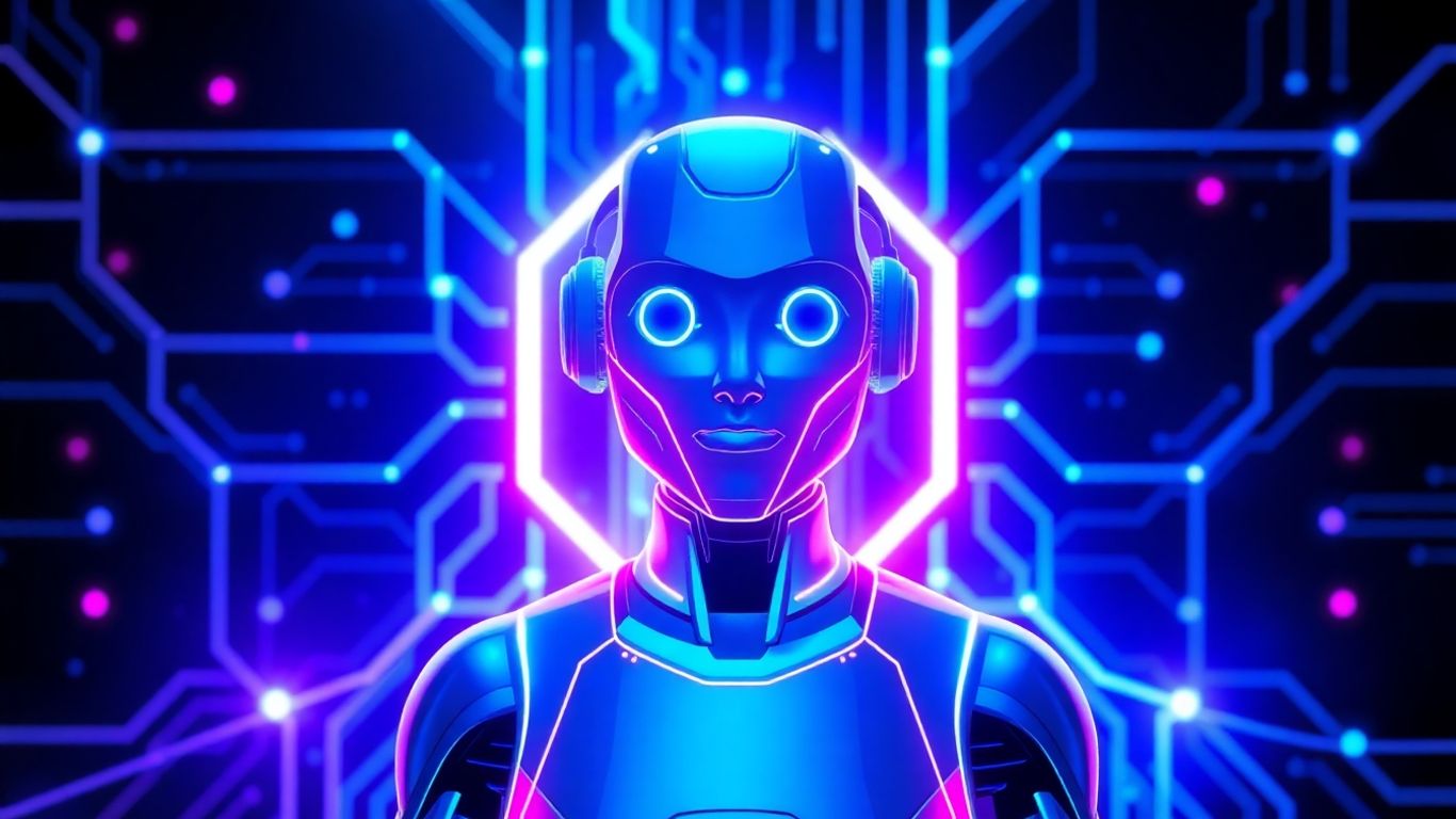 Futuristic AI chatbot interface with glowing circuits.