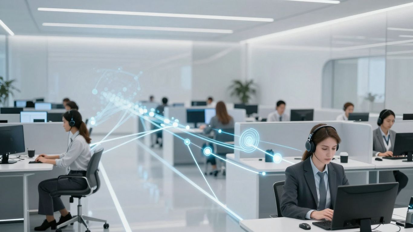 AI routing calls in a futuristic call center.