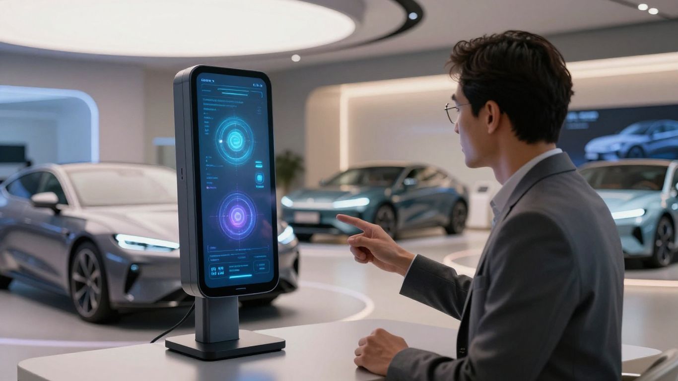 AI voice agent assisting customer in futuristic car showroom.