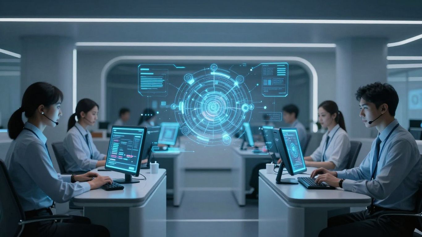 Futuristic AI call center with holographic interfaces.