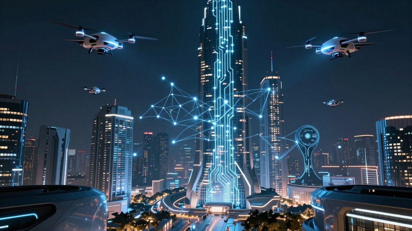 Futuristic cityscape with AI circuits and drones.