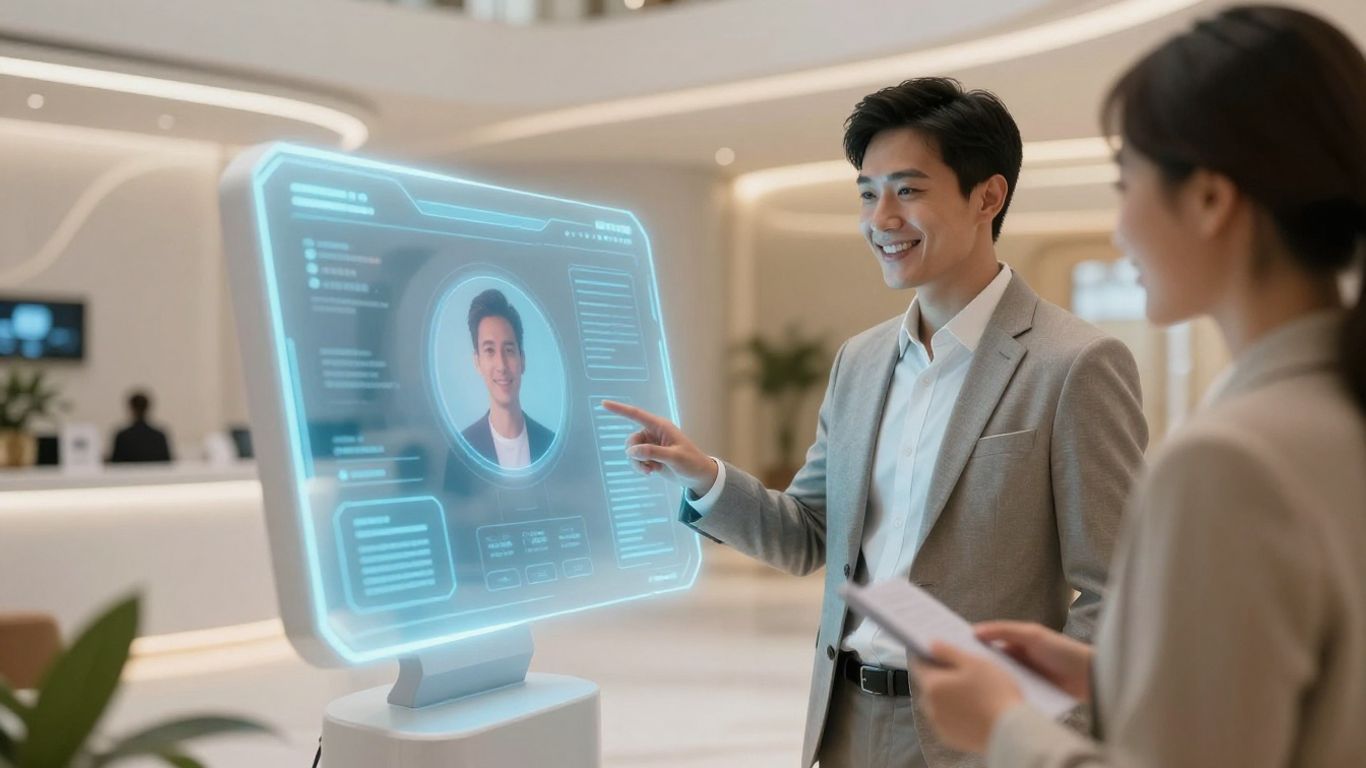 AI assistant helping a guest in a modern hotel lobby.
