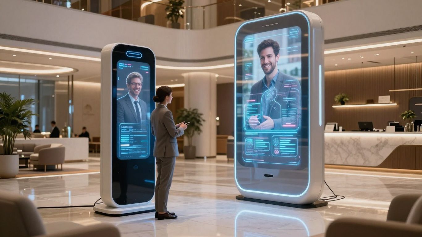 AI assistant helping a guest in a modern hotel lobby.
