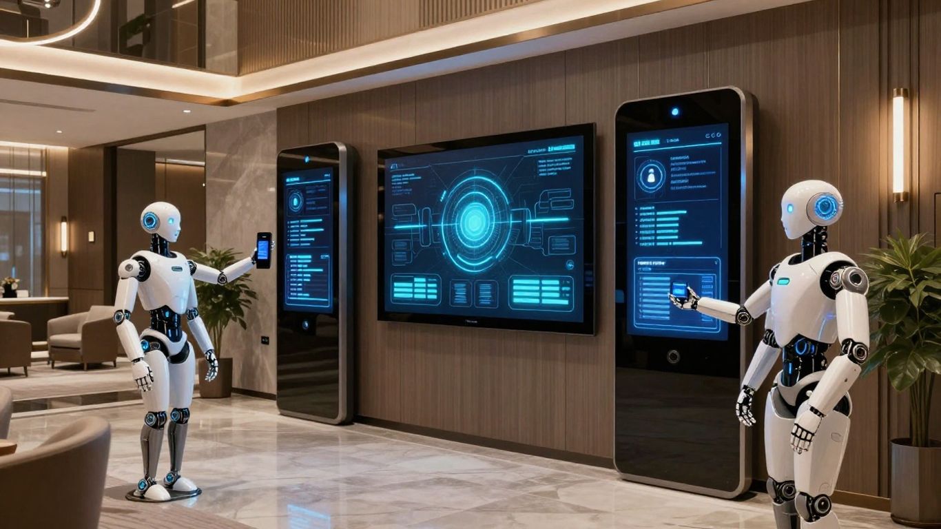 Futuristic hotel lobby with AI concierge and smart technology.