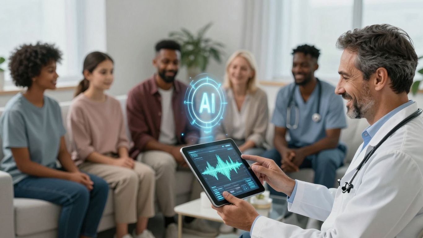 Doctor using AI voice tech for patient outreach.