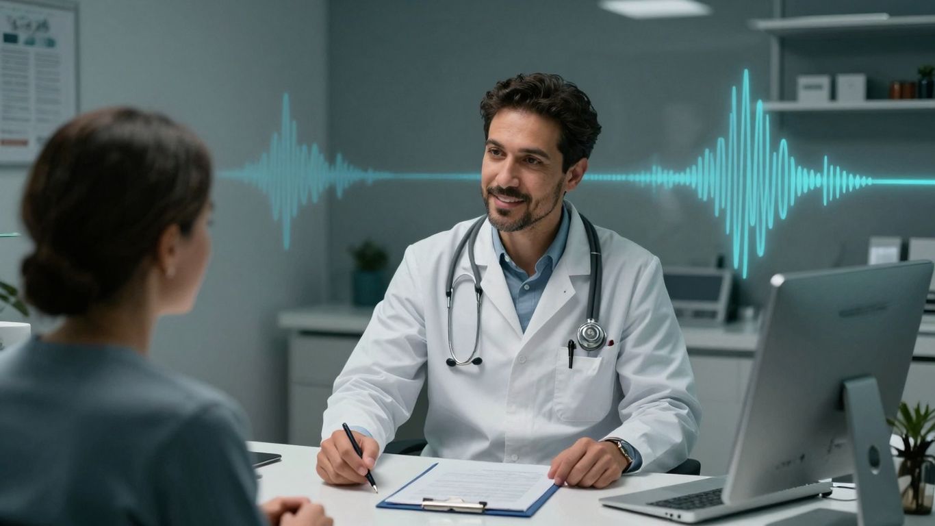 Doctor and patient communicating with AI voice technology.