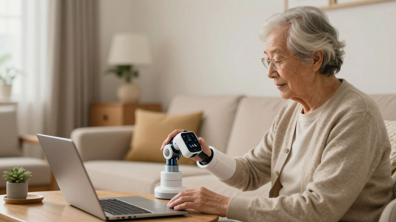 AI robot assisting elderly person in a modern home.