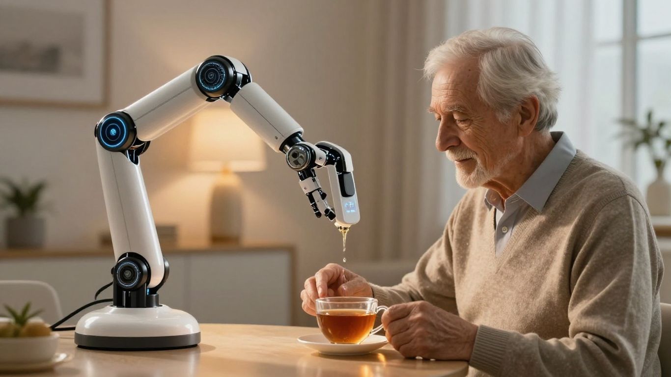 AI assisting elderly person with home care.