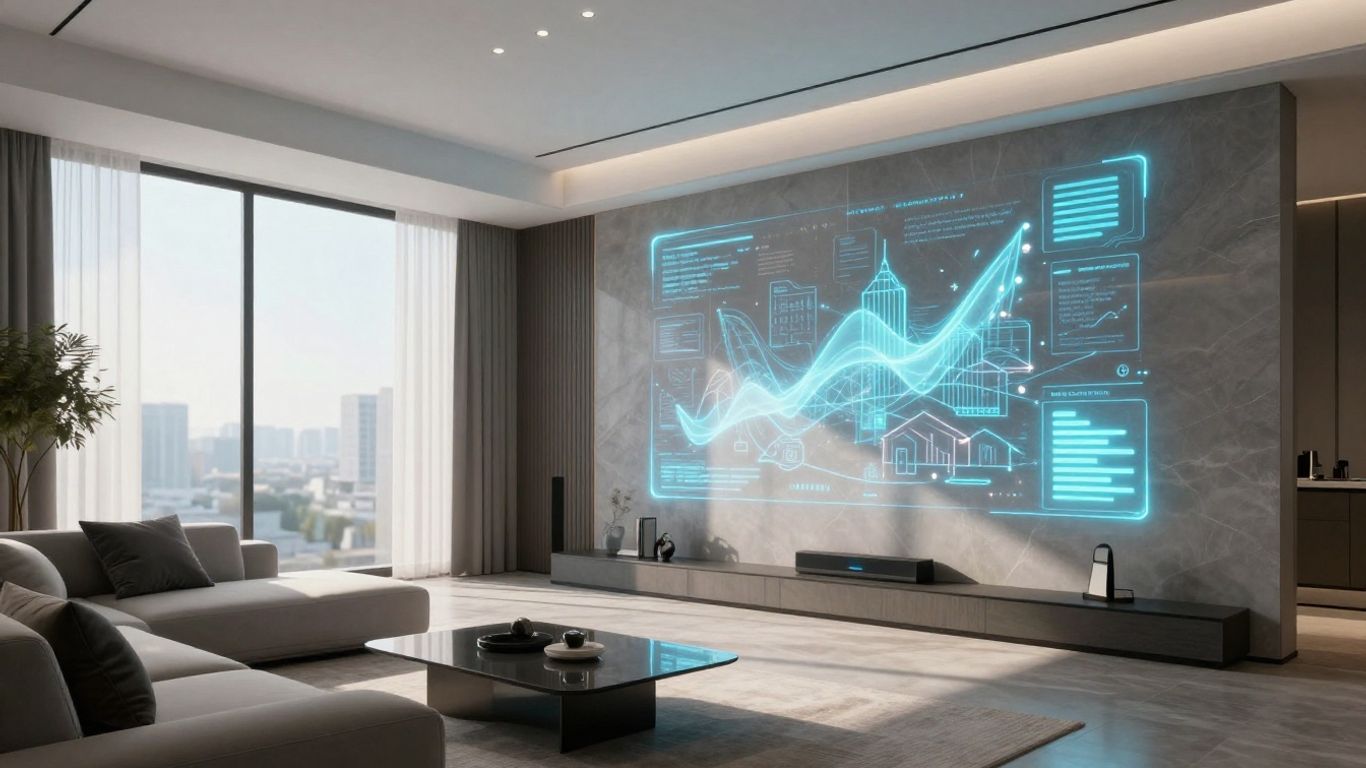 Futuristic smart home with AI housing market visualization.