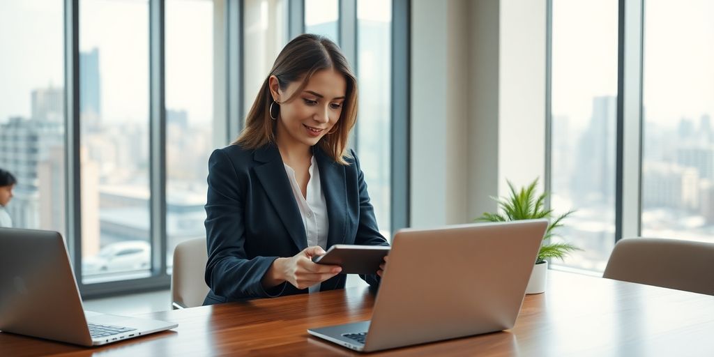 Female lawyer tapping tablet at modern office desk near window.