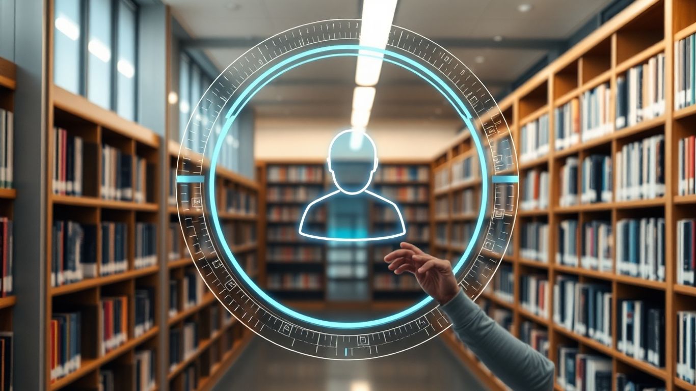 AI chatbot interface in a modern library setting.