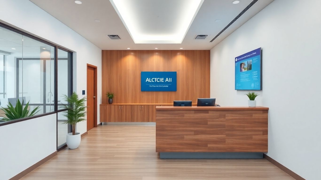 AI receptionist interface in a clinic reception area.