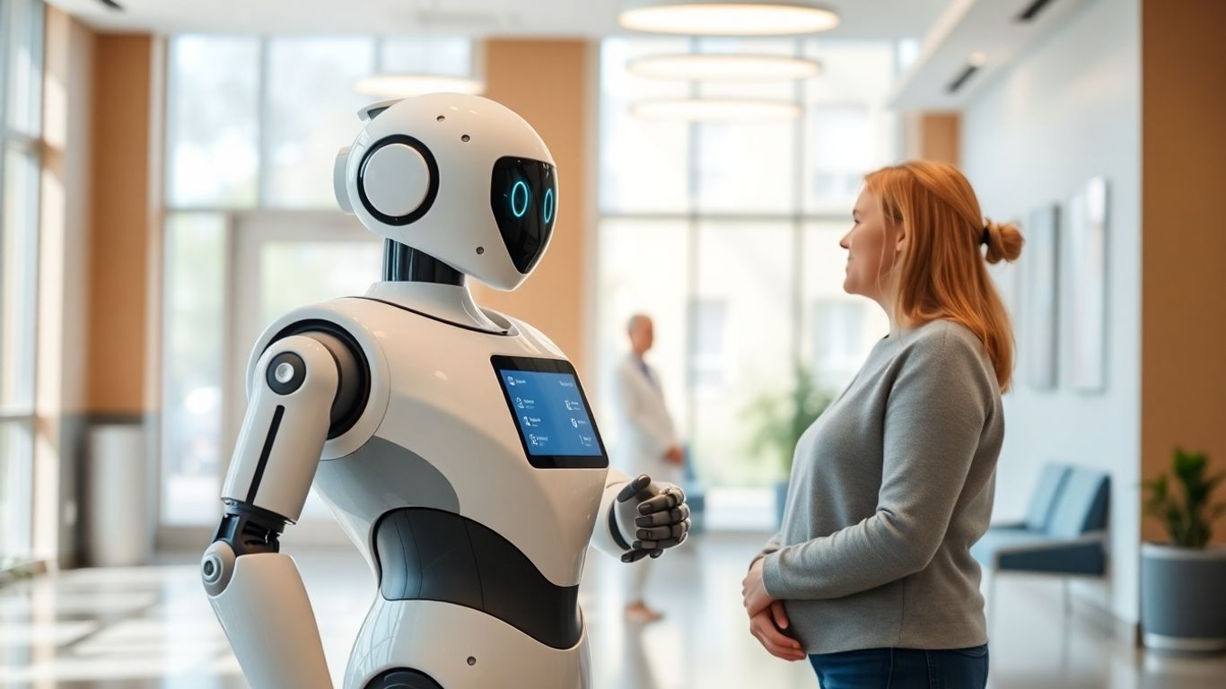 AI receptionist assisting a patient in a clinic.