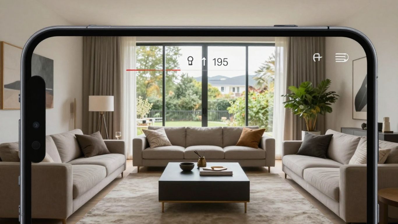 Person viewing modern home through augmented reality app