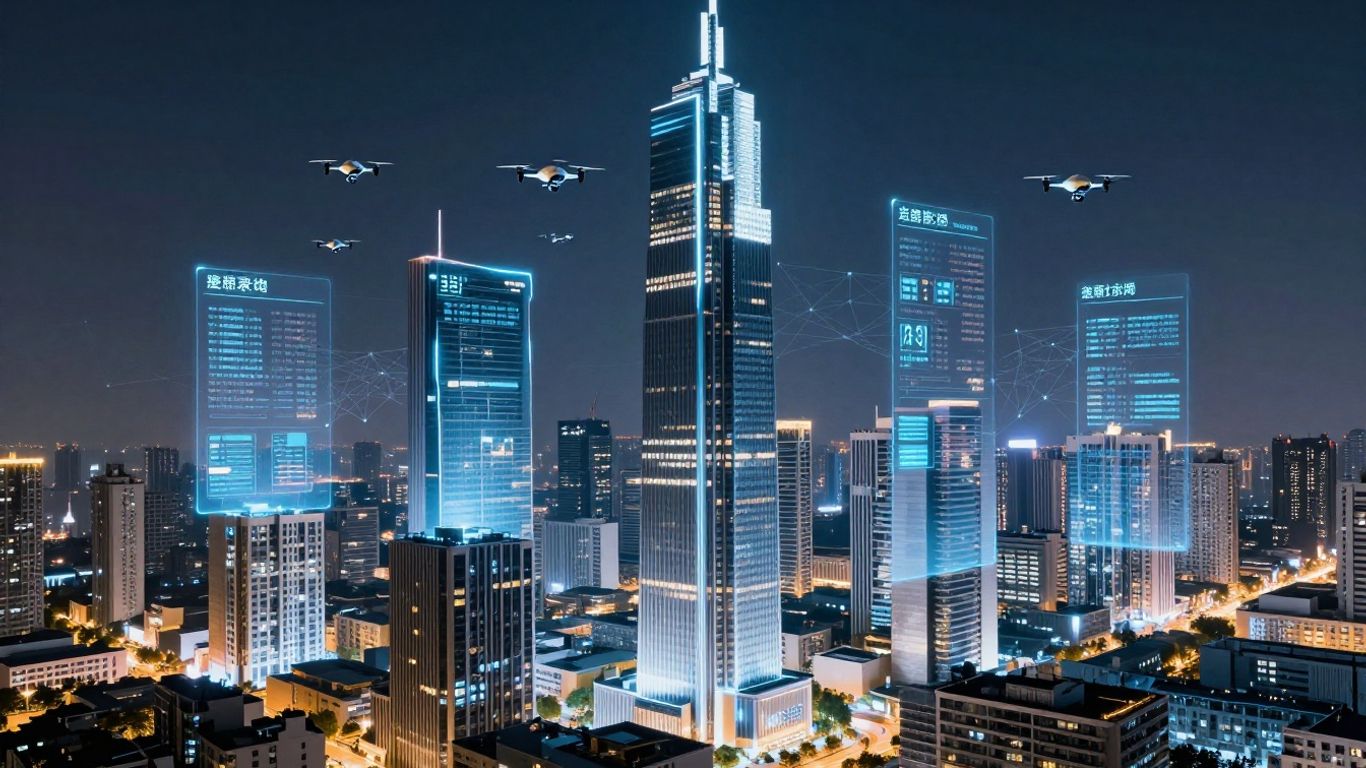 Futuristic city with digital property data overlays.