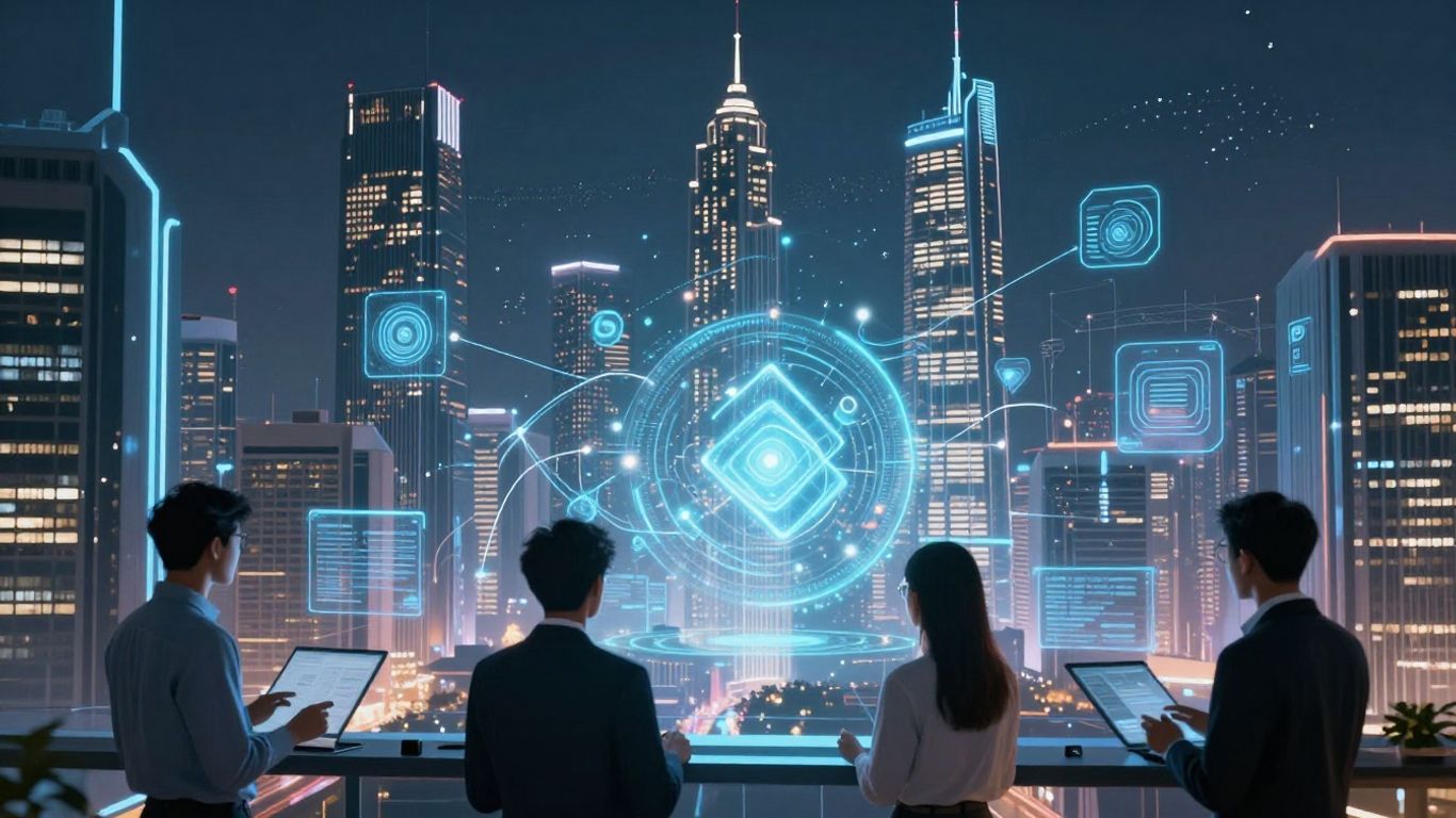 Futuristic cityscape with digital overlays and professionals using holograms.