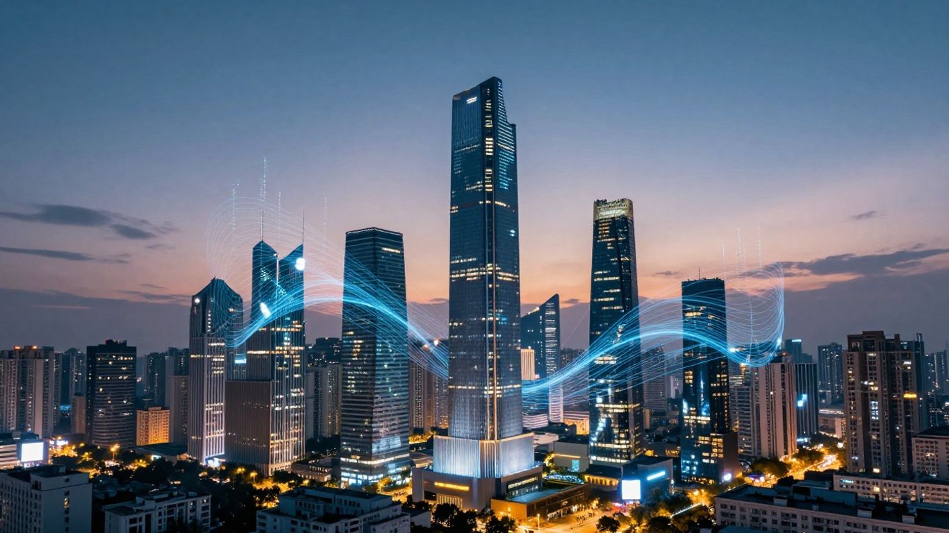 Futuristic cityscape with digital data streams.