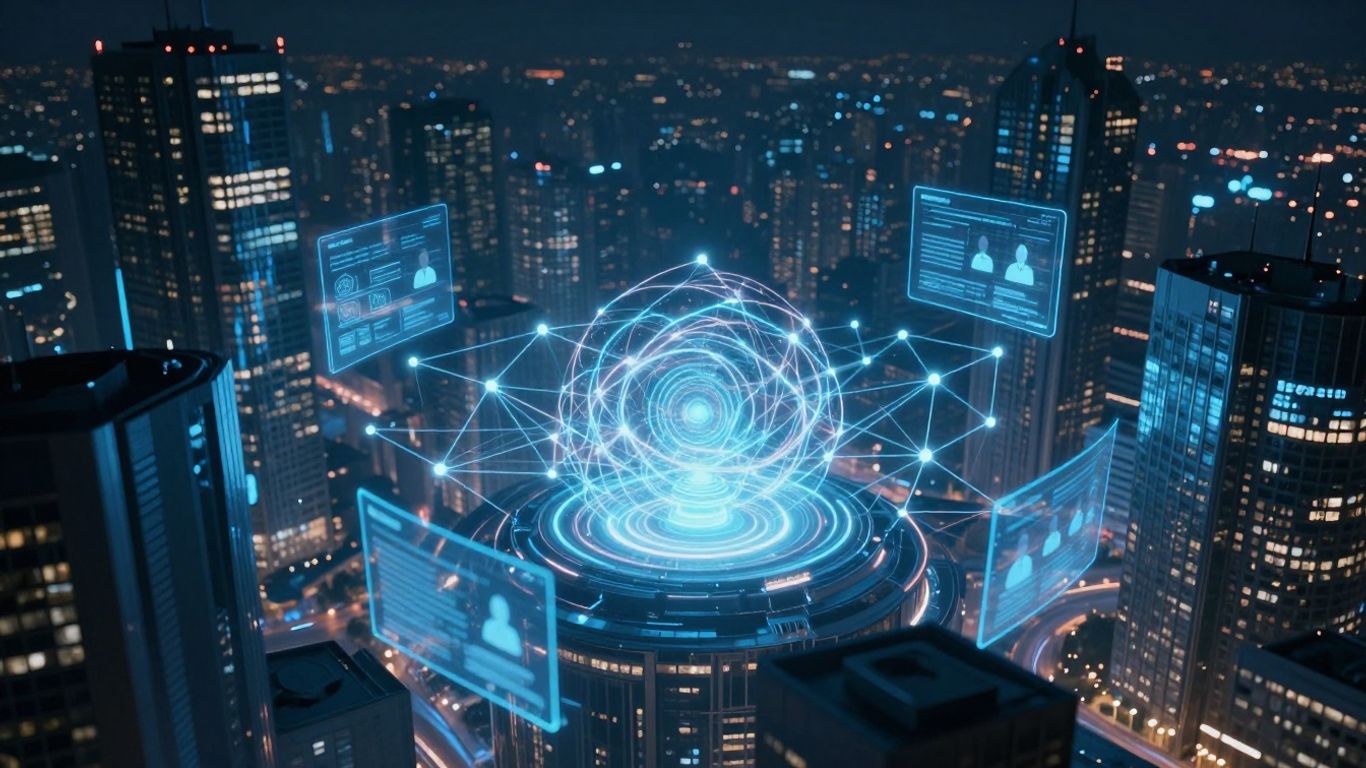 AI customer self-service network connecting a futuristic city.
