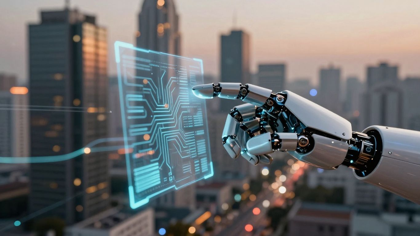 AI robot hand interacting with futuristic interface
