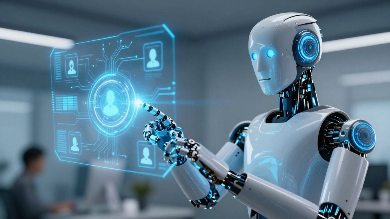 AI robot interacting with a holographic customer service interface.