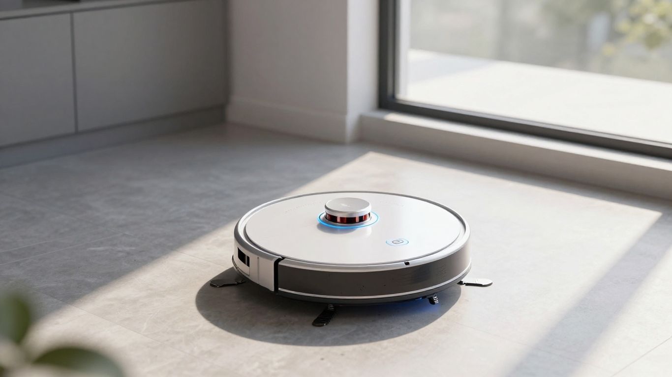 AI robot vacuum cleaning a modern, sunlit room.
