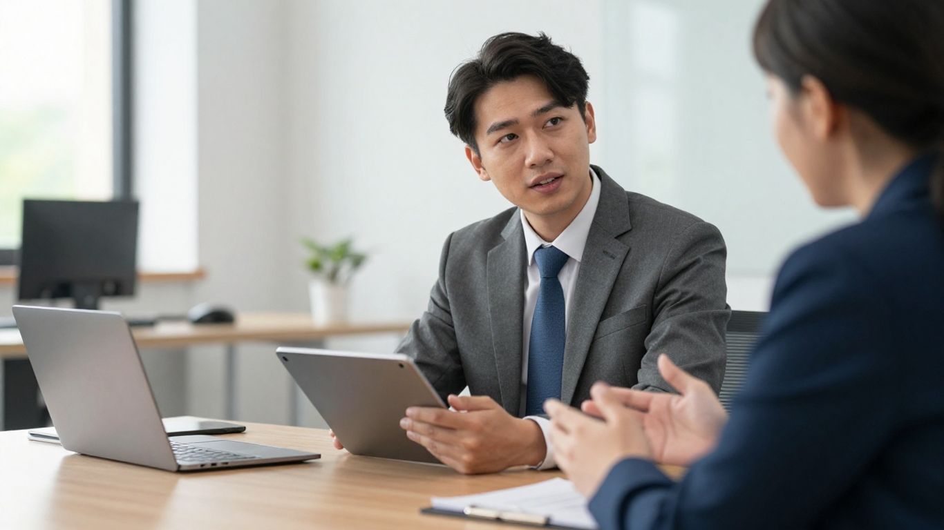 Financial advisor and client discussing finances in an office.