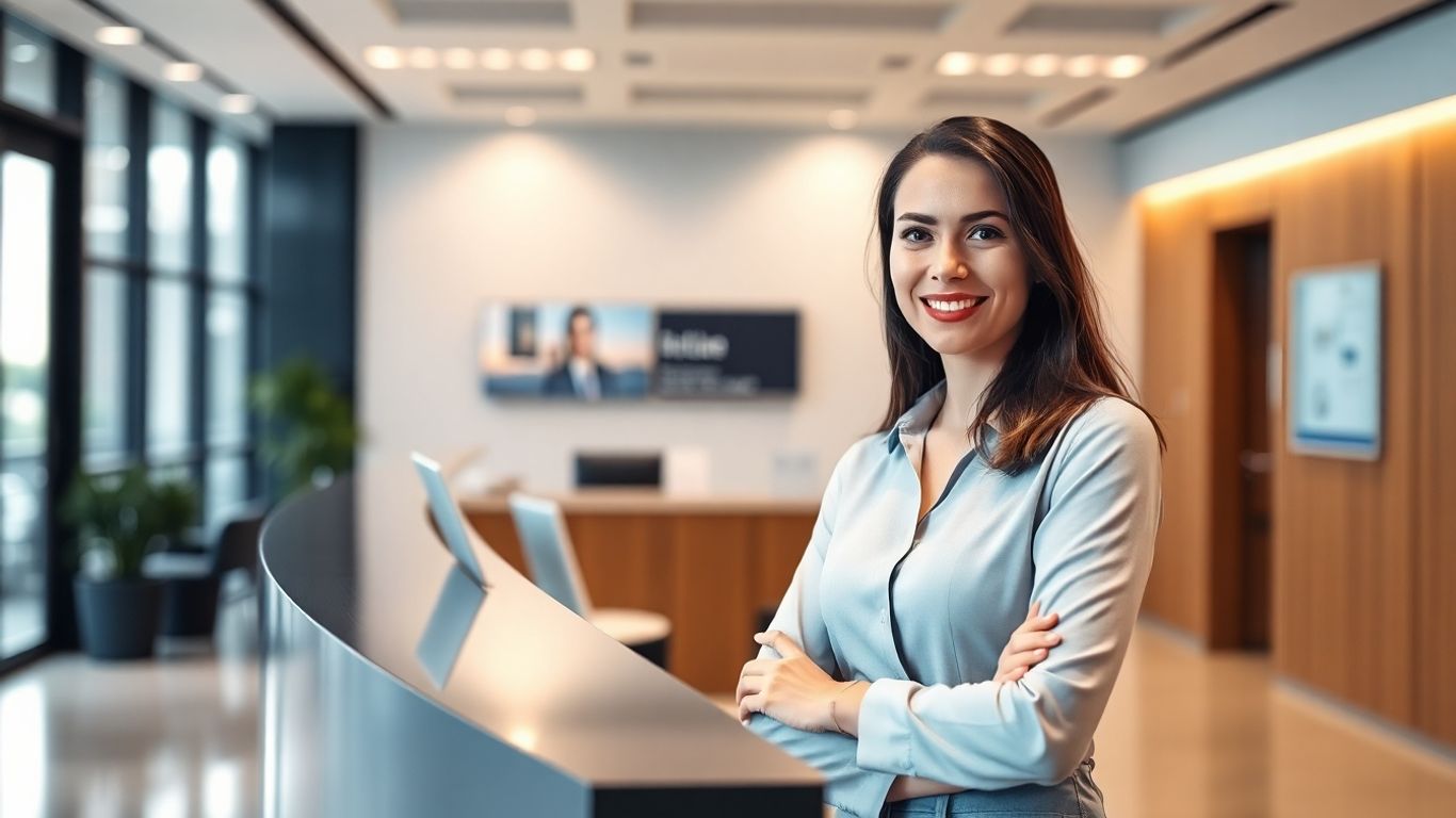 AI receptionist at a modern office desk.