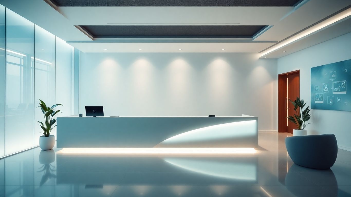 Modern office reception with glowing digital interfaces.