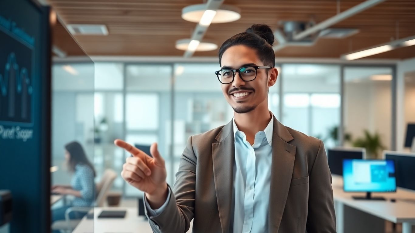 AI receptionist interface in a modern office.