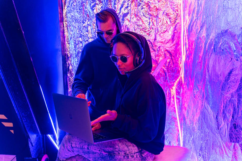 A futuristic sales team collaborating with AI technology, showcasing dynamic interactions and data insights on screens.