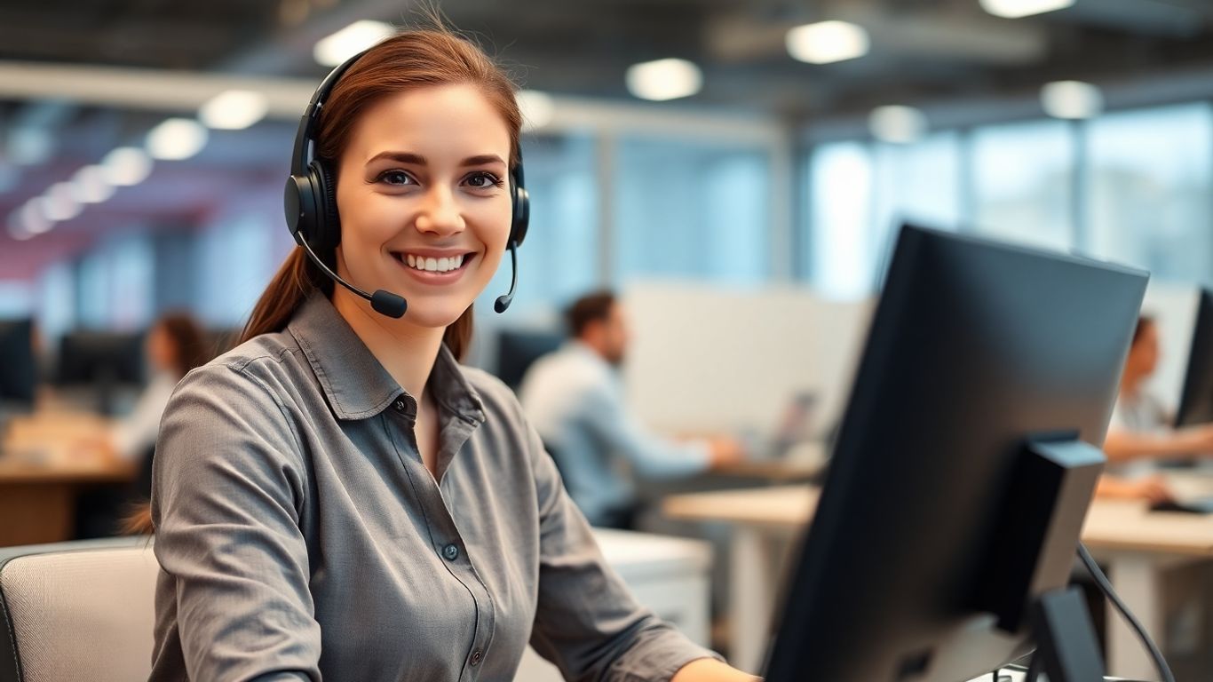 Customer service agent with headset in modern office