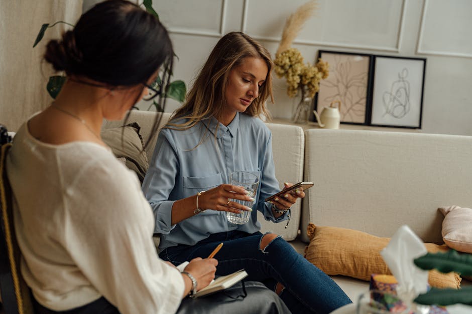 Image of a professional setting with a person recording a voicemail, surrounded by office tools and setting, conveying a balance of professionalism and approachability.