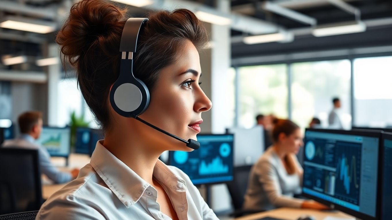 Call center agent assisting with business communications