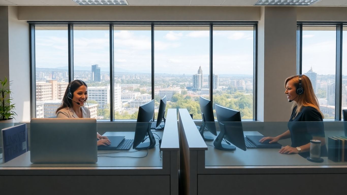 Receptionists with headsets in modern San Mateo office
