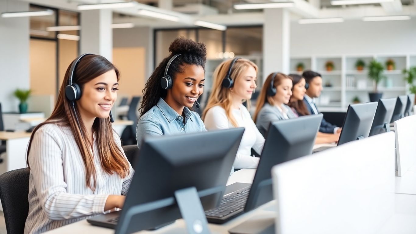Office workers using headsets in customer support call center