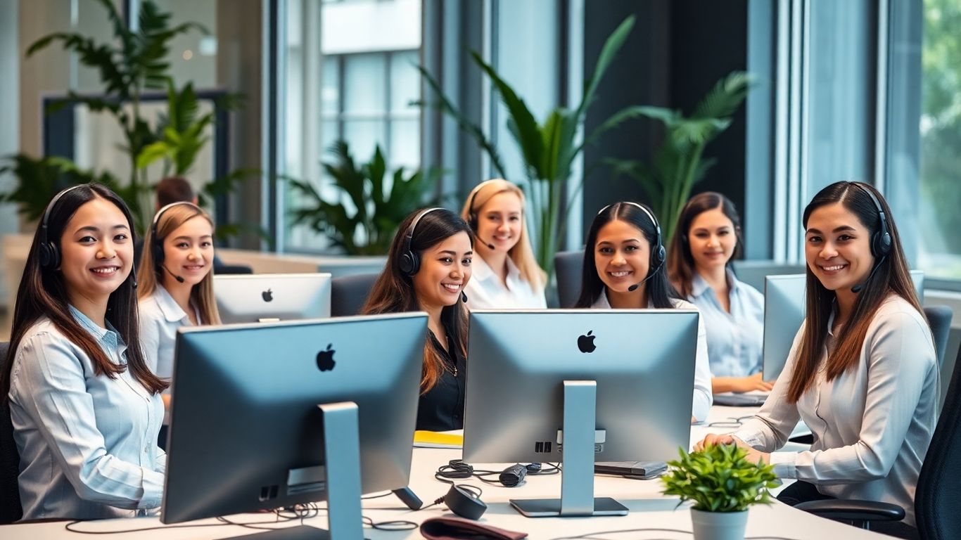 Live team of receptionists at modern office desks