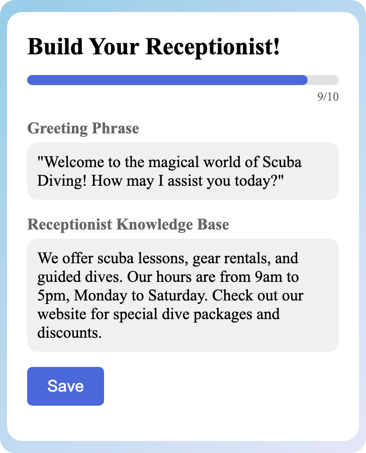 Sample receptionist setup for Scuba Diving