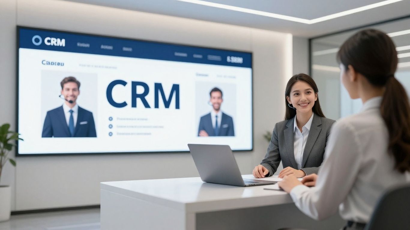 AI receptionist integrating with CRM dashboard on screen.