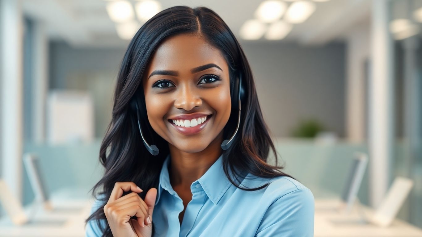 Virtual receptionist with headset in office