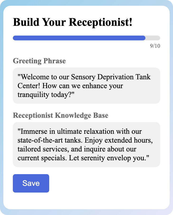 Sample receptionist setup for Sensory Deprivation Tank Center