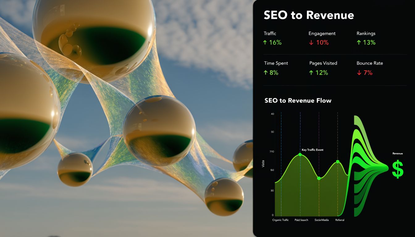 A digital infographic visualizing the connection between SEO performance metrics and business revenue growth through data visualization.