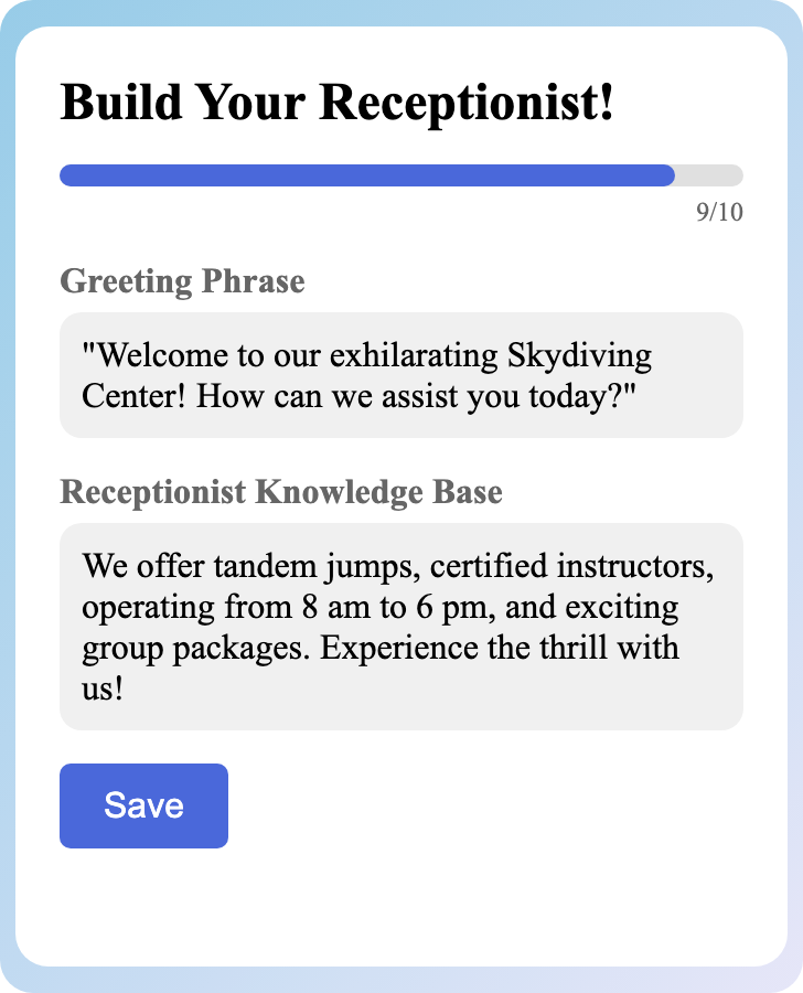 Sample receptionist setup for Skydiving Center